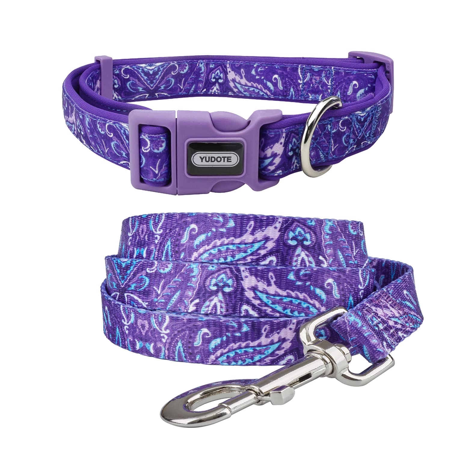 YUDOTE Soft Dog Collar and Lead Set Medium,Neoprene Padded Coller and 2 Sides Printed Leash Combo for Active Female Dogs Daily Use,Violet Maple Leaf