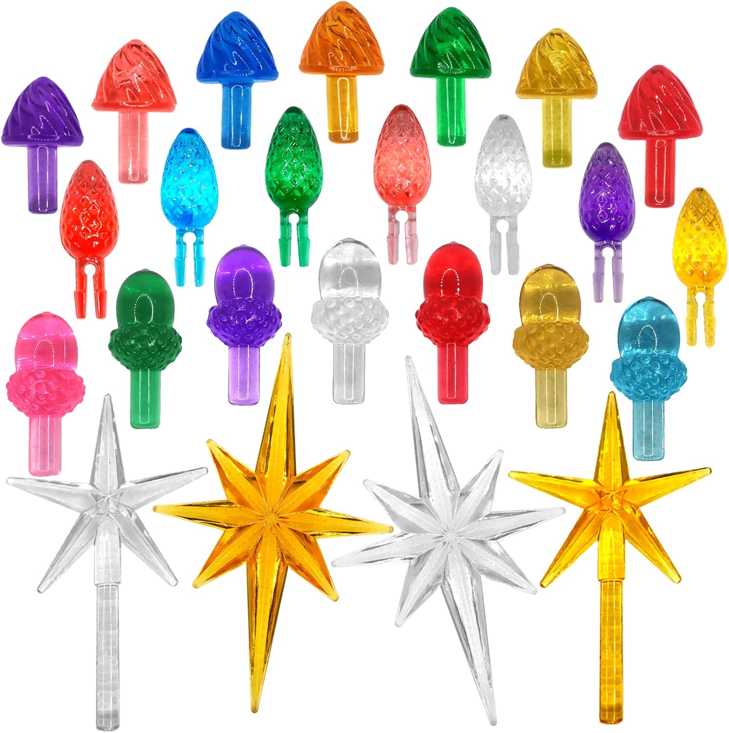Tree Toppers - Ayidawedo Ceramic Christmas Tree Replacement Lights Bulbs/130Pcs Medium Tree Pegs Accessories Including Mushroom/Acorn/Pineapple & 4 Pcs Toppers Stars (Pentagram and Heptagram)