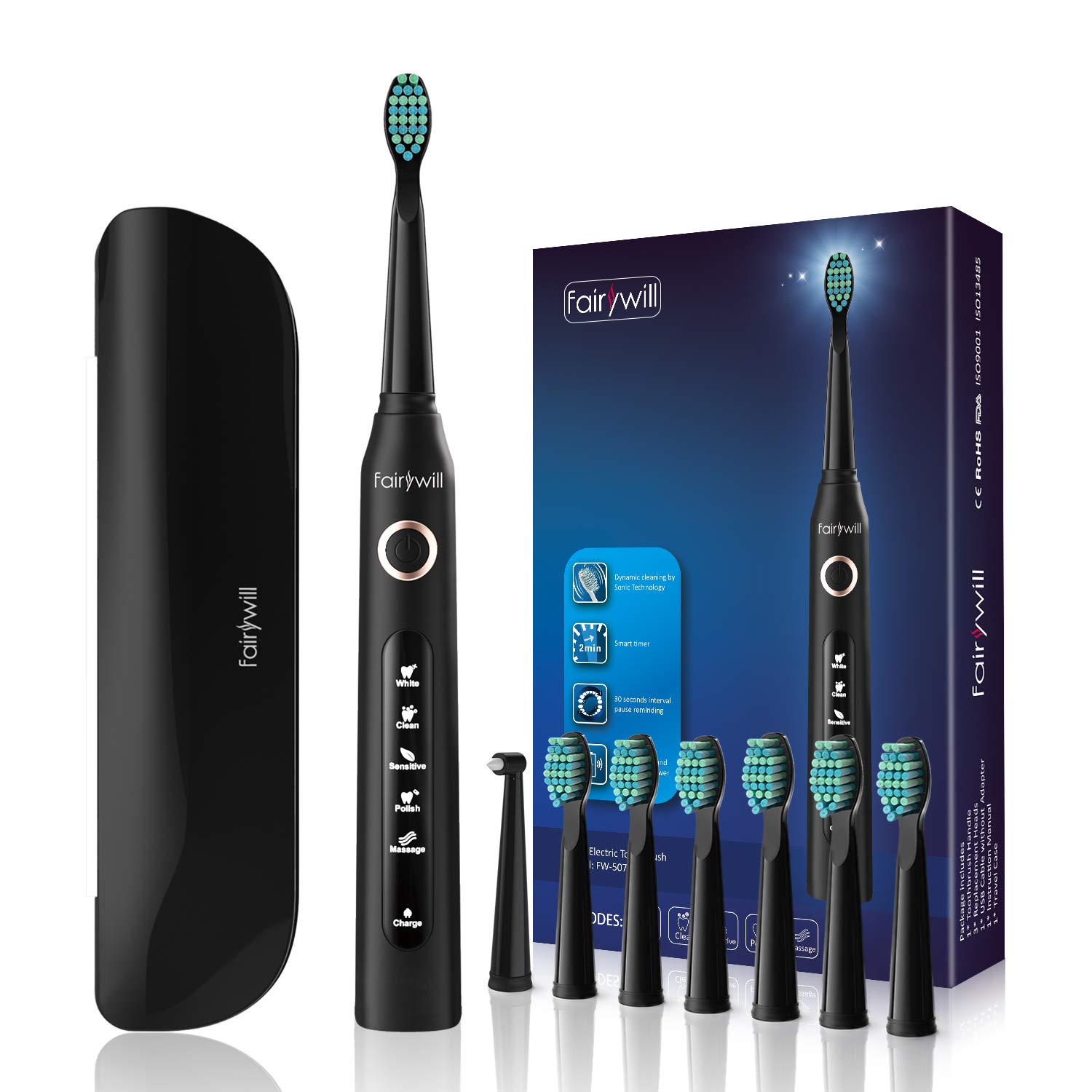 Fairywill Electric Toothbrush with 5 Modes, Smart Timer, 8 Brush Heads