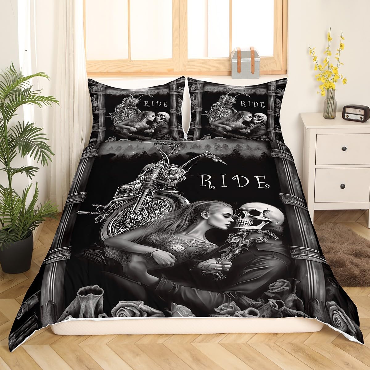 Skull Duvet Cover Set King Size with 2 Pillow Shams,3D Print Ride or Die Bedding Sets with Zipper Closure,Microfiber Polyester Comforter Skull Beauty Kiss Quilt Cover Set For Adult 3PCs(220x240cm) — image 1