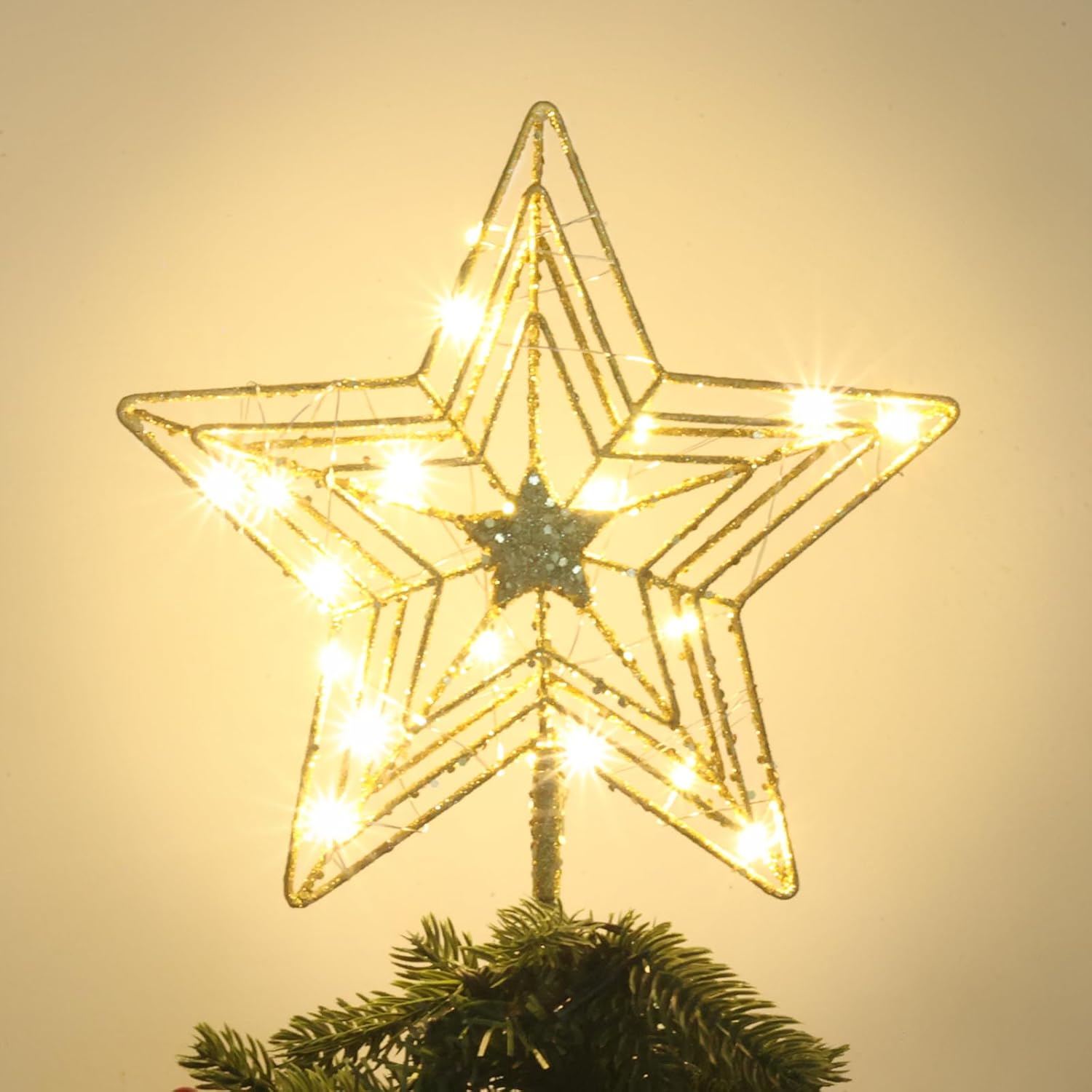 Tree Toppers - Christmas Tree Topper, hogardeck Gold Star Tree Topper for Christmas Decor, 20 LED Timer Glittered Tree Toppers for Christmas Tree Decorations for Indoor Home