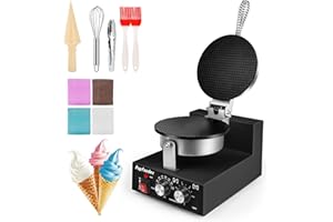Popfoodex Commercial Waffle Cone Maker - 1200W Commercial Ice Cream Cone Maker w/ 8’’ Non-stick pan and 122–572°F Adjustable Temp, Waffle Cone Maker Machine w/Shaper Roller and Timer, for Restaurants