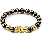 Feng Shui Obsidian bracelet, 24K Gold Plated Pixiu and Six Syllable Mantra of Buddhism brings Fortune and Good Luck, Healing and Protection bracelet, Elastic bracelet for Women and Men