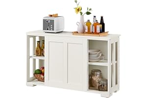 Yaheetech Storage Cabinet Kitchen Buffet Cabinet Sideboard with Sliding Door, Adjustable Shelf & Open Side Panels, Stackable Cupboard for Kitchen, Living Room, Hallway Furniture, Antique White