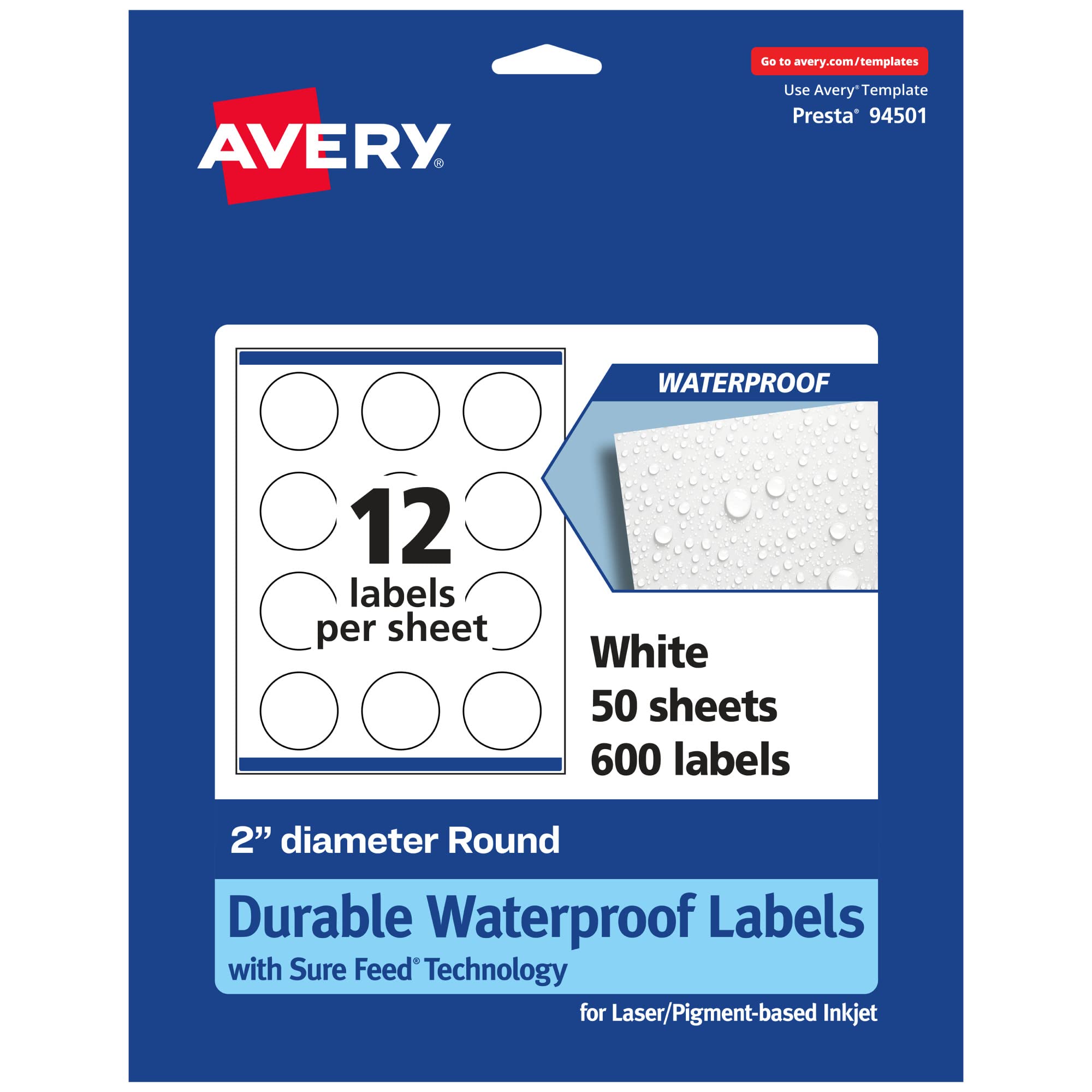 Avery Durable Waterproof Round Labels, Sure Feed Technology, 2" Diameter, 600 Total, Oil and Tear-Resistant Waterproof Labels, Print-to-The-Edge, Laser/Pigment-Based Inkjet Printable Image