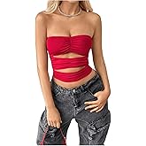 SHENHE Women's Cut Out Tube Ruched Strapless Bandeau Fitted Sexy Backless Crop Tube Top