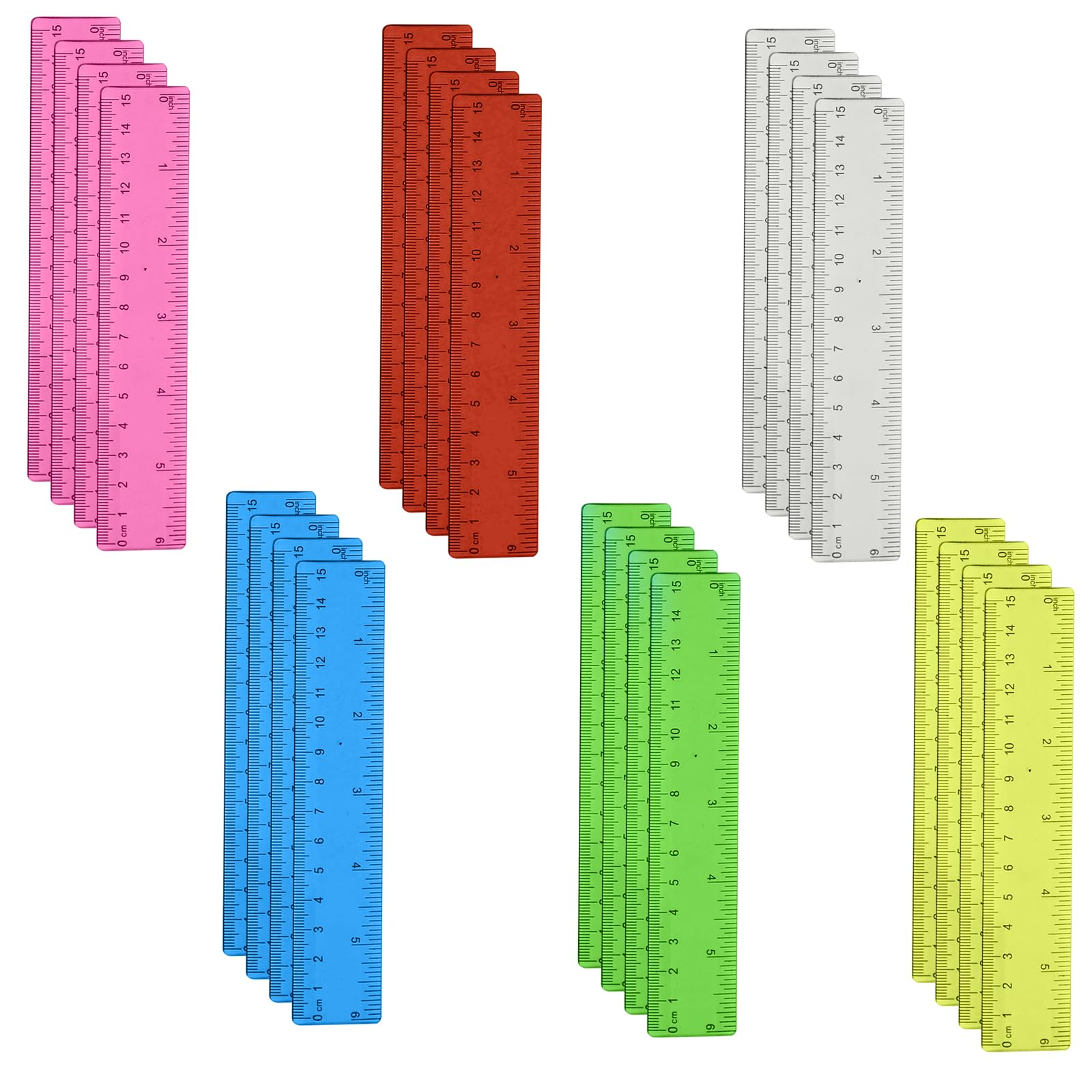 24pcs Clear Plastic Rulers 15cm 20cm 30cm Coloured Rulers Set with Inch and Metric Shatter Resistant Ruler Colourful Transparent Ruler Flexible Multipack School Stationery Supplies (15cm)