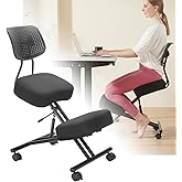 Kneeling Chair with Backrest Adjustable Linen Ergonomic Home Office Chair | Improve Posture Chair with Brake Rolling Wheels Thick Cushion Work Stool Back Pain Relief