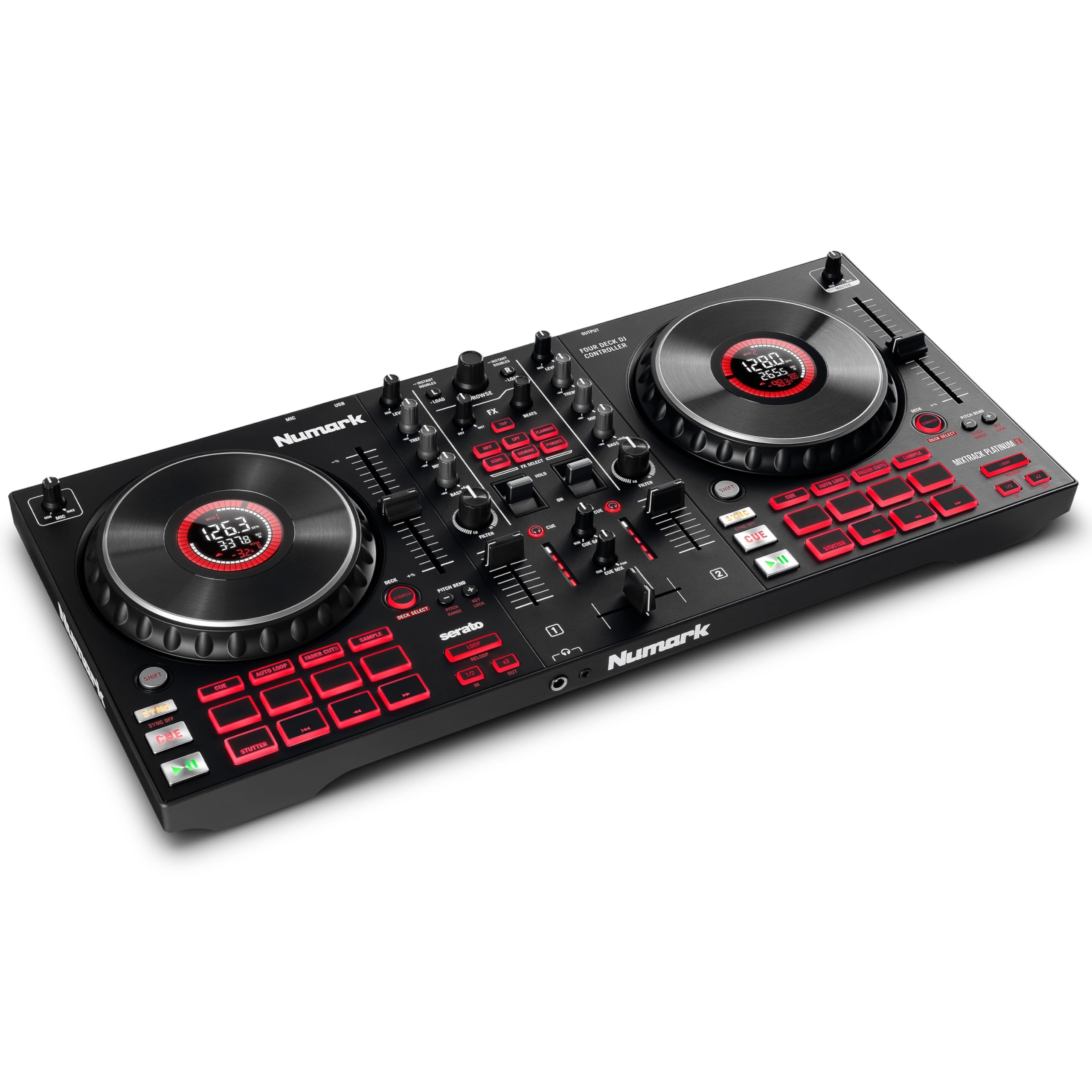 Numark Mixtrack Platinum FX Serato DJ Controlador con pantallas Jog Wheel, 4 decks, mezclador, paletas de efectos e interfaz de audio