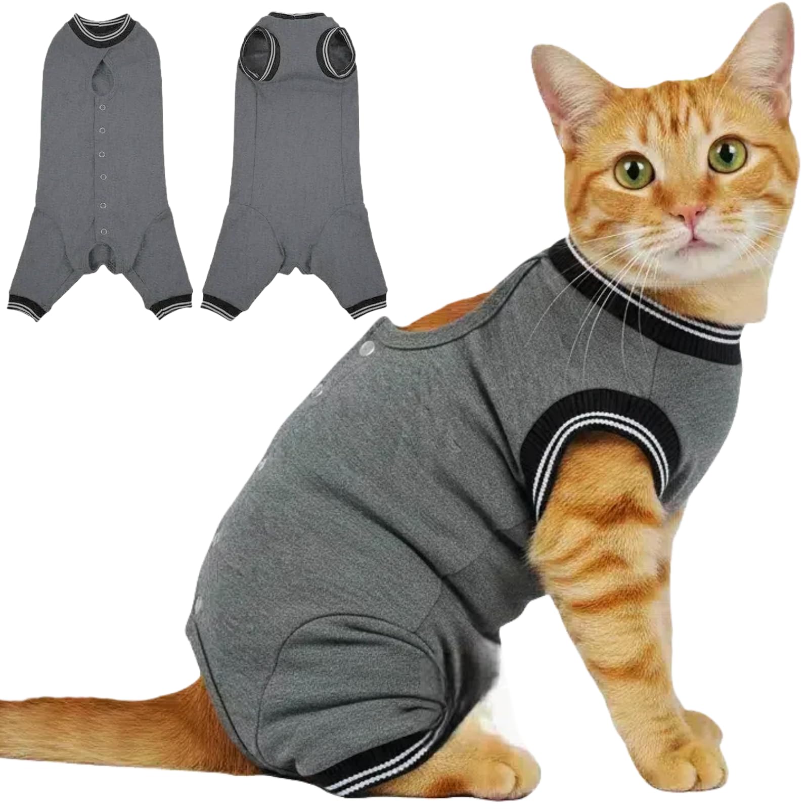 Photo 1 of T'CHAQUE Cat Surgery Recovery Suit for Female Male, Cat Onesie Pet Surgical Pajamas Hind Legs Long Sleeve, Abdominal Wound Skin Diseases, E-Collar Alternative, Spay/Neuter Recovery Suit, Gray-XL