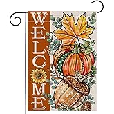 LHSION Welcome Fall Pumpkin Garden Flag 12.5 x 18 Inch Maple Leaf Pine Cone Decorative House Yard Double Sided Flag for Autumn Outdoor Decoration