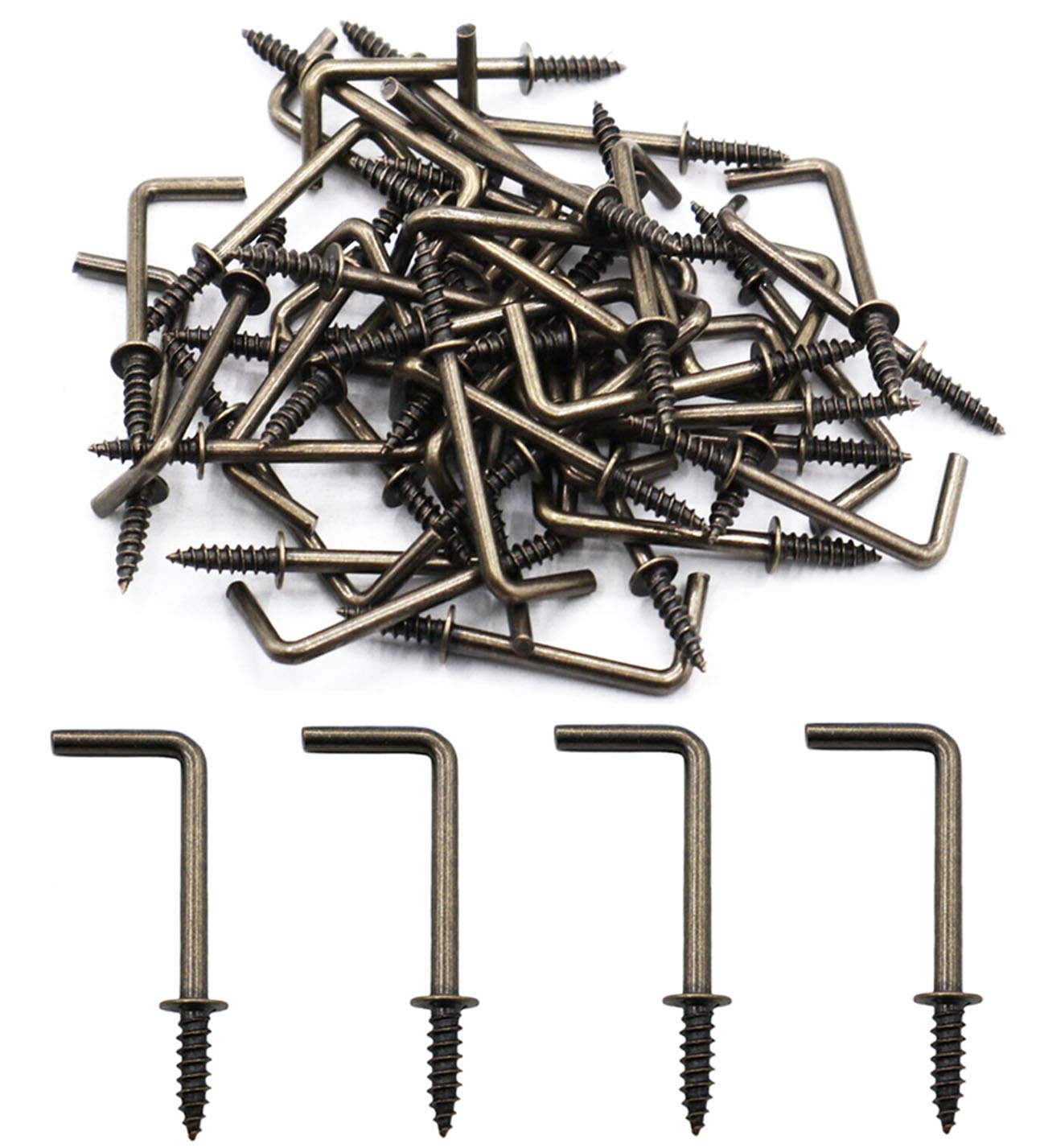 IDEALSV Antique Brass 1-1/4 Inch L Shape Screw Hooks - Vintage Bronze Right Angle Medal Hooks (50 Pack)
