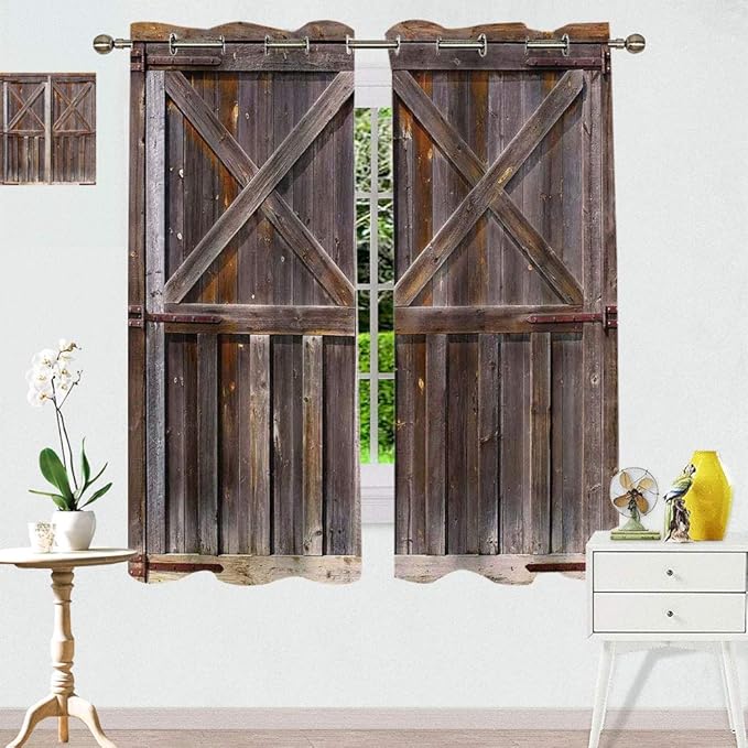 Amazing Rustic Triple Weave Curtains, Old Wooden Barn Door of Farmhouse