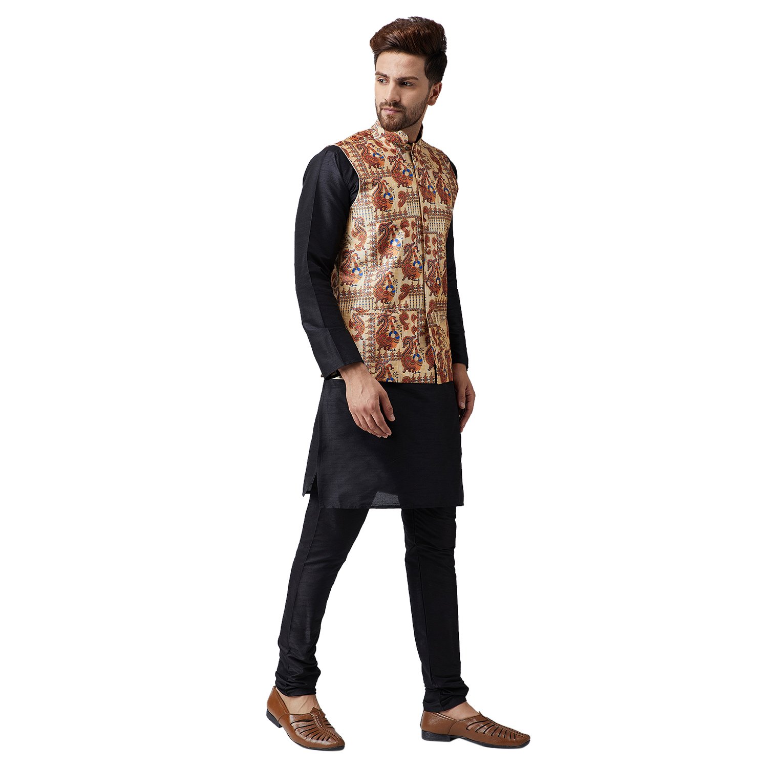 sojanya (since 1958), men's silk kurta churidaar pyjama and printed nehru jacket combo