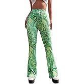WDIRARA Women's Marble Printed Flare Pants High Waisted Elastic Waist Casual 70s Disco Long Pants