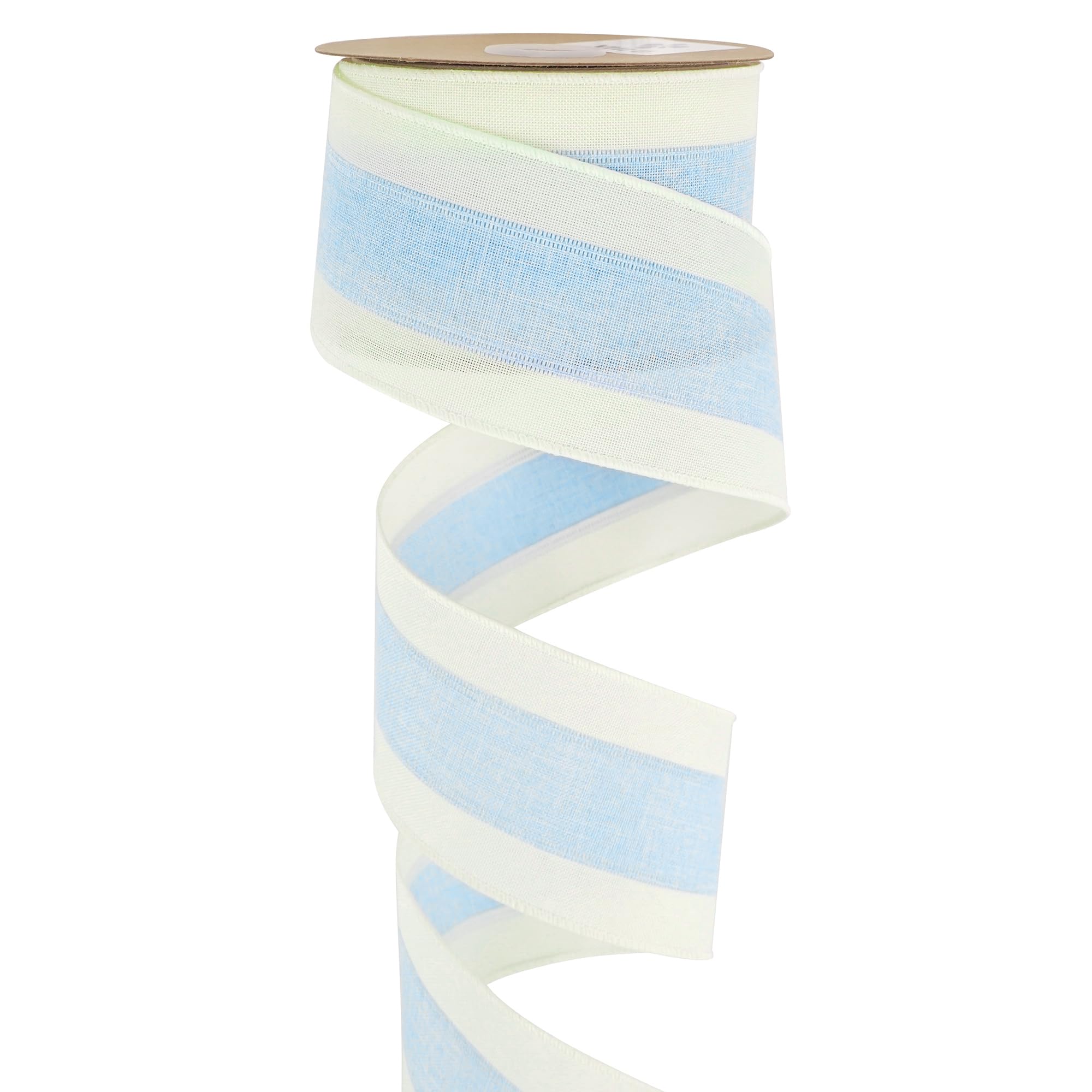 Photo 1 of MEEDEE Blue and White Stripe Ribbon Wired Ribbon 2.5 Inch Light Blue Burlap Ribbon with Ivory Stripe Edge Wreath Supplies, Baby Shower Decorations, Crafts Bow Making (10 Yards)