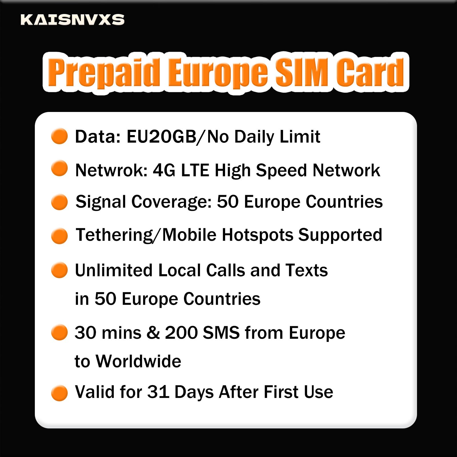 Prepaid SIM Card for Europe Travel with 20GB of 4G Data, Unlimited Calls and SMS in Europe with France Phone Number, 30 mins and 200 SMS from Europe to Worldwide(Lasts for 31 Days),Tethering Allowed