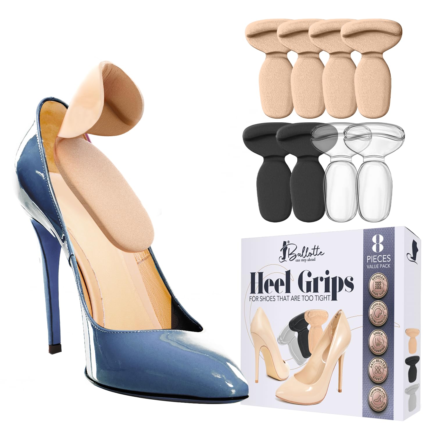 Ballotte Premium Grade Silicone Heel Protector (Multicolor - 8 Pack) | Heel Grips/Heel Pads for Women Heels - Shoe Inserts for Shoes that are Too Big | High Heel Cushion Inserts Women
