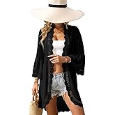 ALIREVERIE Women's Summer Lightweight Cardigan 3/4 Ruffle Sleeve Lace Details Kimono