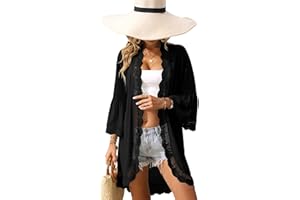 Women's Summer Lightweight Kimono Cardigan 3/4 Ruffle Sleeve Lace Details Kimono Beach Cover up