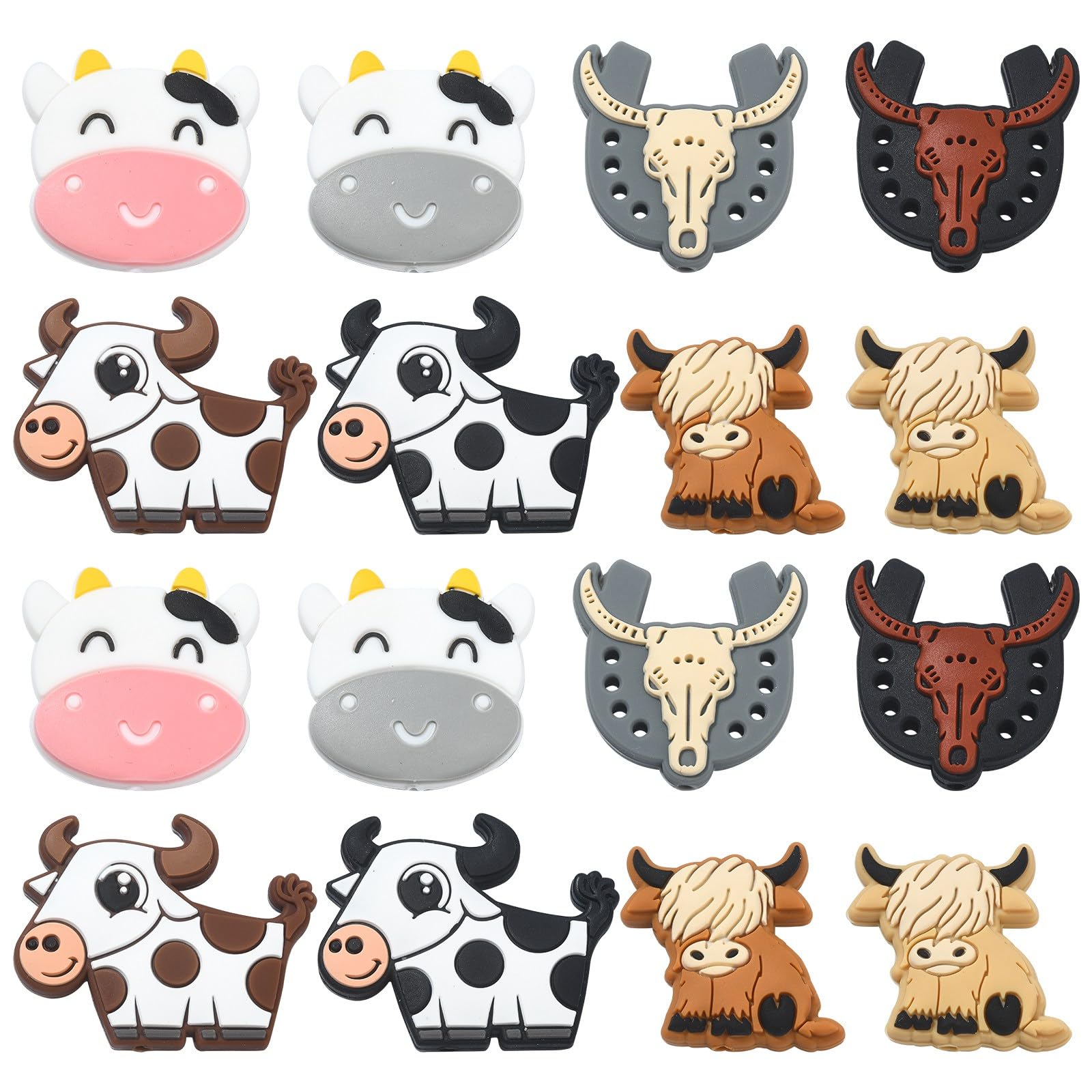 Stiesy 16pcs 8 Style Cow Silicone Beads Cute Animal Spacer Beads for DIY Crafts Bracelet Necklaces Jewelry Making
