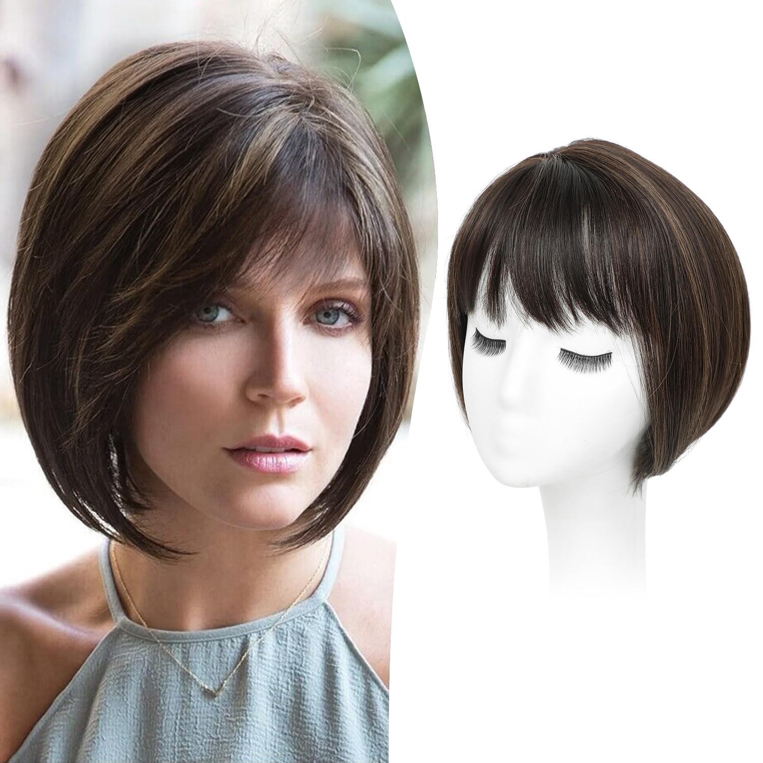 Flyroseing Short Bob Hair Topper with Bangs Side Part, Dark Brown with Highlights Hair Toppers for Women Synthetic Wig Toppers Hairpieces for Women