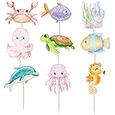 Ephlyn 36Pcs Ocean Animal Cupcake Toppers Under the Sea Turtles Octopus Cupcake Picks Seahorse Coral Cake Decorations for Under the Sea Theme Baby Shower Birthday Party Supplies