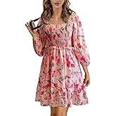 ELIGNTLOFT 2025 Women Summer Floral Print 3/4 Puff Sleeve Square Neck Dresses A-Line Casual Swing Mini Dress