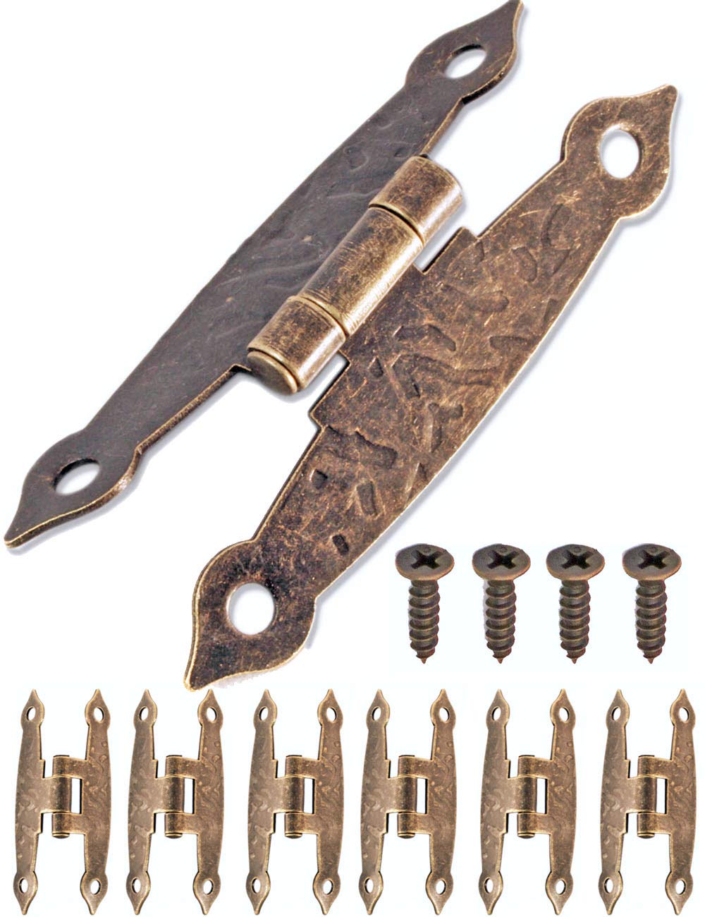 Fuxxer - 6 x antique hinges, bronze iron design, for cupboards, cupboard doors, chests, boxes, in vintage/country house/retro style, 65 x 34 mm, set of 6