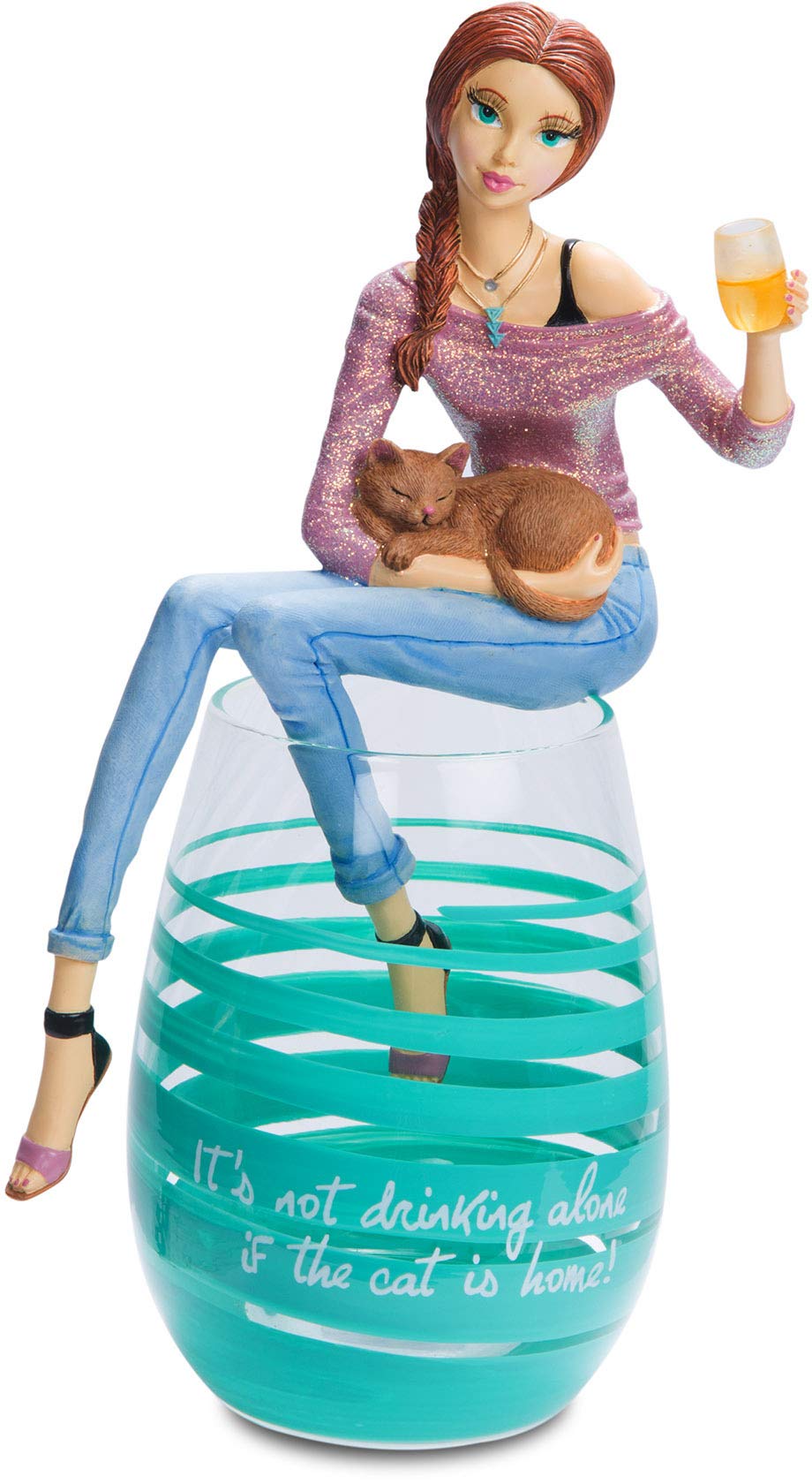 Pavilion Gift Company Hiccup - It's Not Drinking Alone if The Cat is Home! Teal Swirl Wine Glass with Figurine, Blue