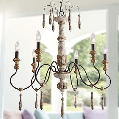 LALUZ Farmhouse Wood Chandelier, 6 Handmade French Country Lighting for Dining, Living Room, Bedroom, Kitchen, A03485