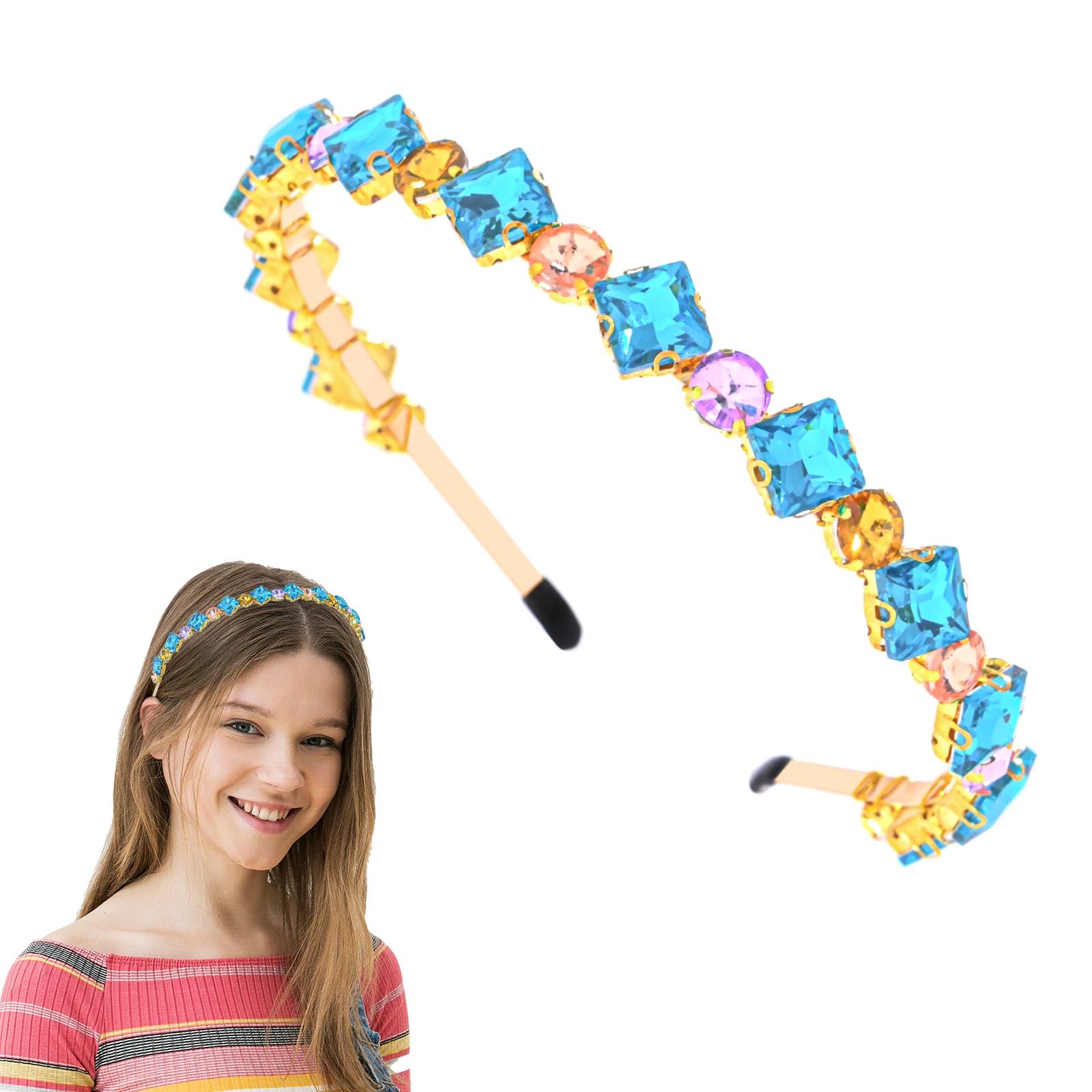 Rhinestone Headband Sparkling Gemstone Headwear Party Prom Hair Accessory for Women and Girls (gold+blue)