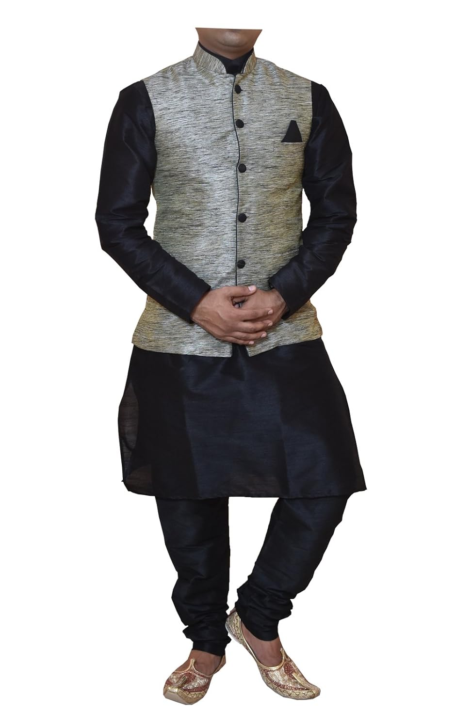 modern garments men's black dupioni silk kurta pyjama & waistcoat