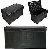 Suncast 80-Gal. Waterproof Resin Large Outdoor Patio Deck Box with Pad-Lockable Lid, Modern Outdoor Patio Bench/Storage Box for Cushions, Garden Tools, and More, Iron Ore