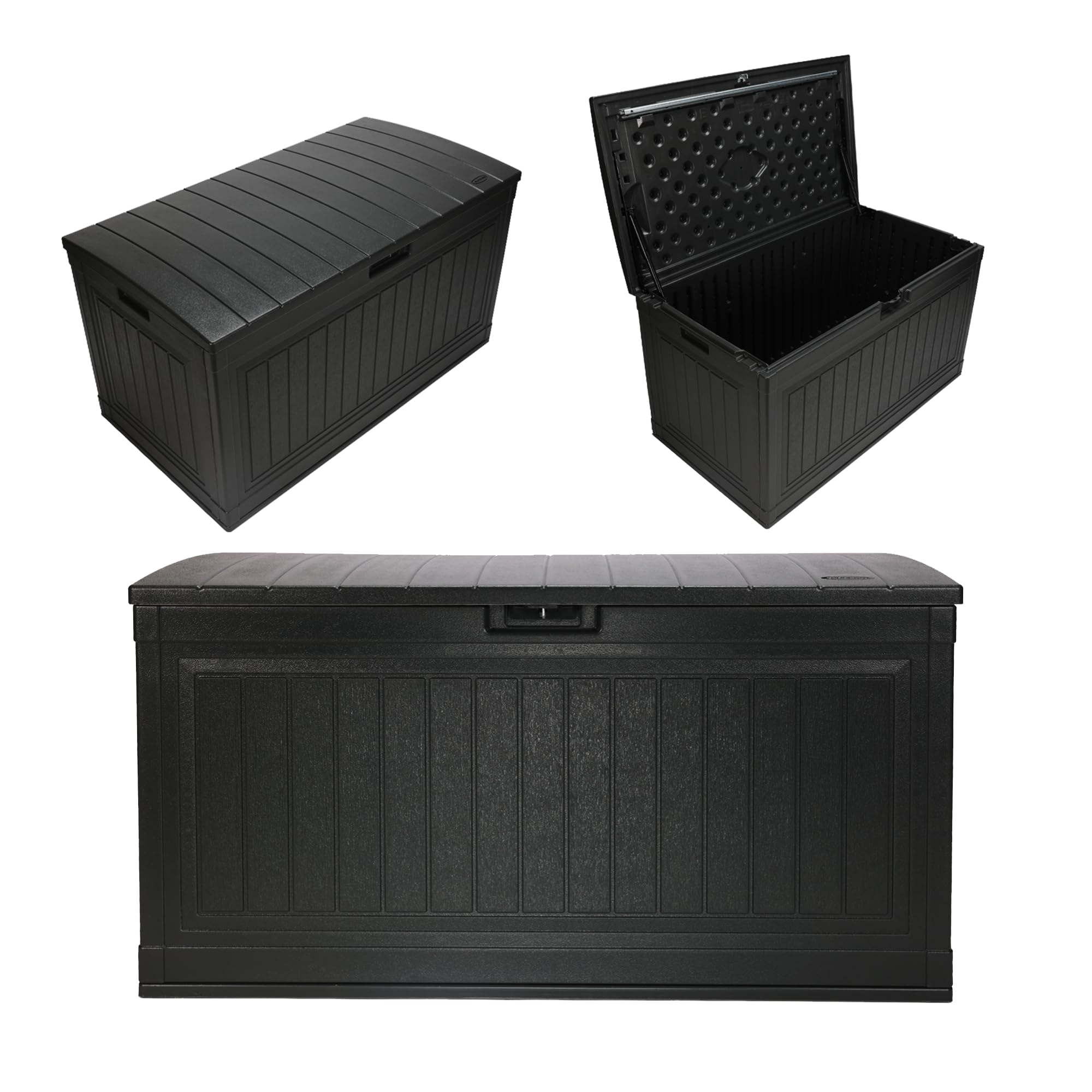 View 1 of ***ONLY 1 BOX OF 2***Suncast 80-Gal. Waterproof Resin Large Outdoor Patio Deck Box with Pad-Lockable Lid, Modern Outdoor Patio Bench/Storage Box for Cushions, Garden Tools, and More, Iron Ore***ONLY 1 BOX OF 2***