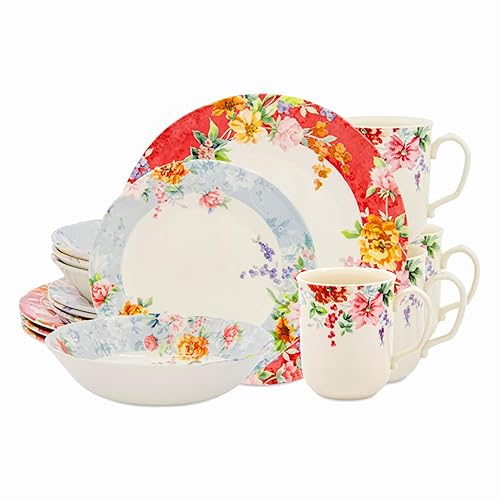 TUDOR ROYAL 16Piece Round Porcelain Dinnerware Set, Service for 4, CRIMSON Design, Multicolor