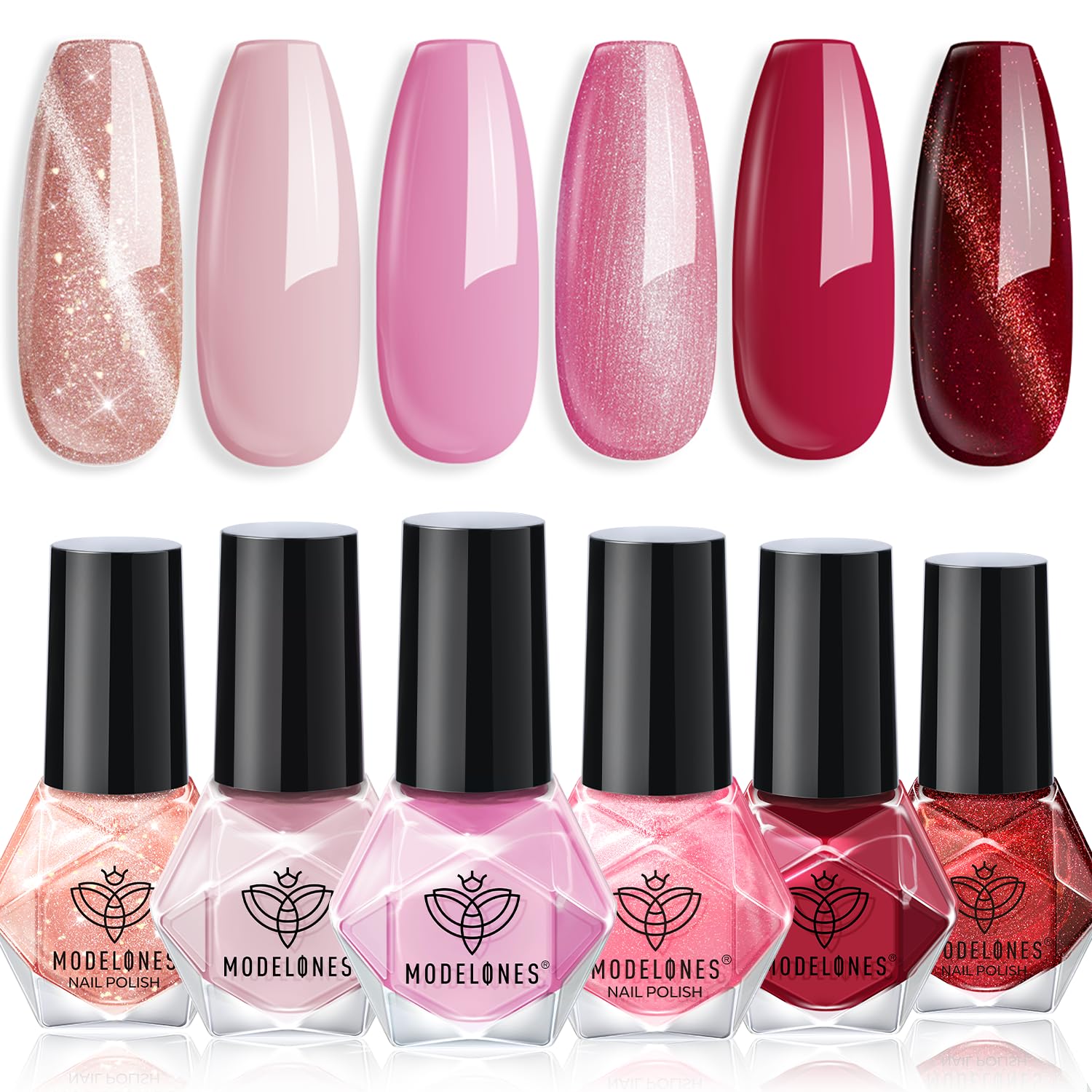 modelones Nail Polish Set 6 Colors Pink Collection Red Cat Eye Nail Polish Set Quick Dry Red Nail Polish Finger Bulk Manicure Diy Nail Art Salon Home Valentine's Day Gift for Women Girl