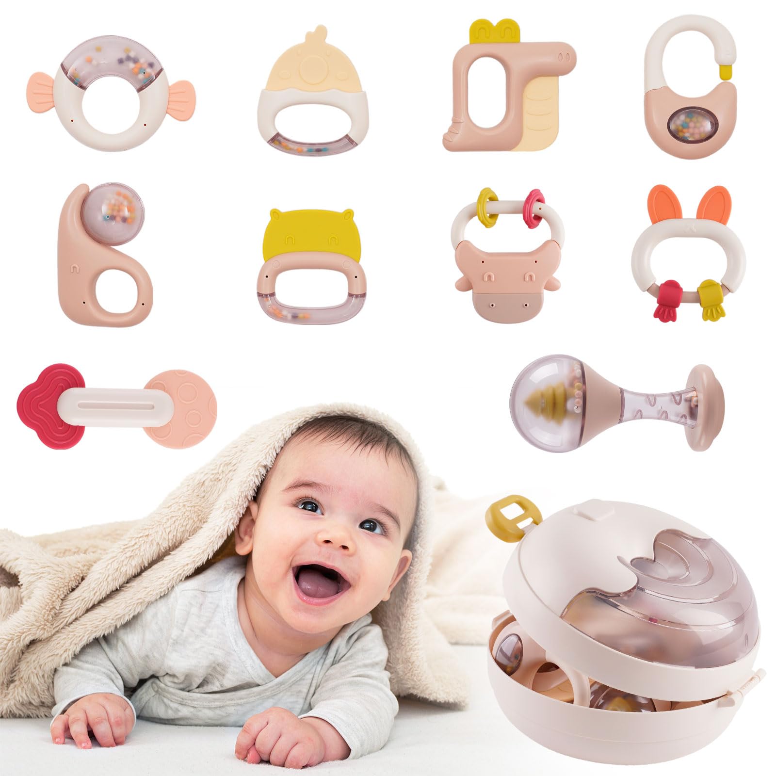 Baby Rattles Toy 10PCS Rattle Teether Set Infant Newborn Baby Sensory Toys Musical Toys with Storage Box Early Educational Toys Gifts for 3 6 9 12 Months 0-6 Months Plus