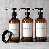 GMISUN Plastic Shampoo and Conditioner Dispenser with Silicone Sleeves, 21 oz Amber Shower Soap Dispenser Bottles with Labels, Refillable Shampoo Conditioner Body Wash Dispensers Set of 3