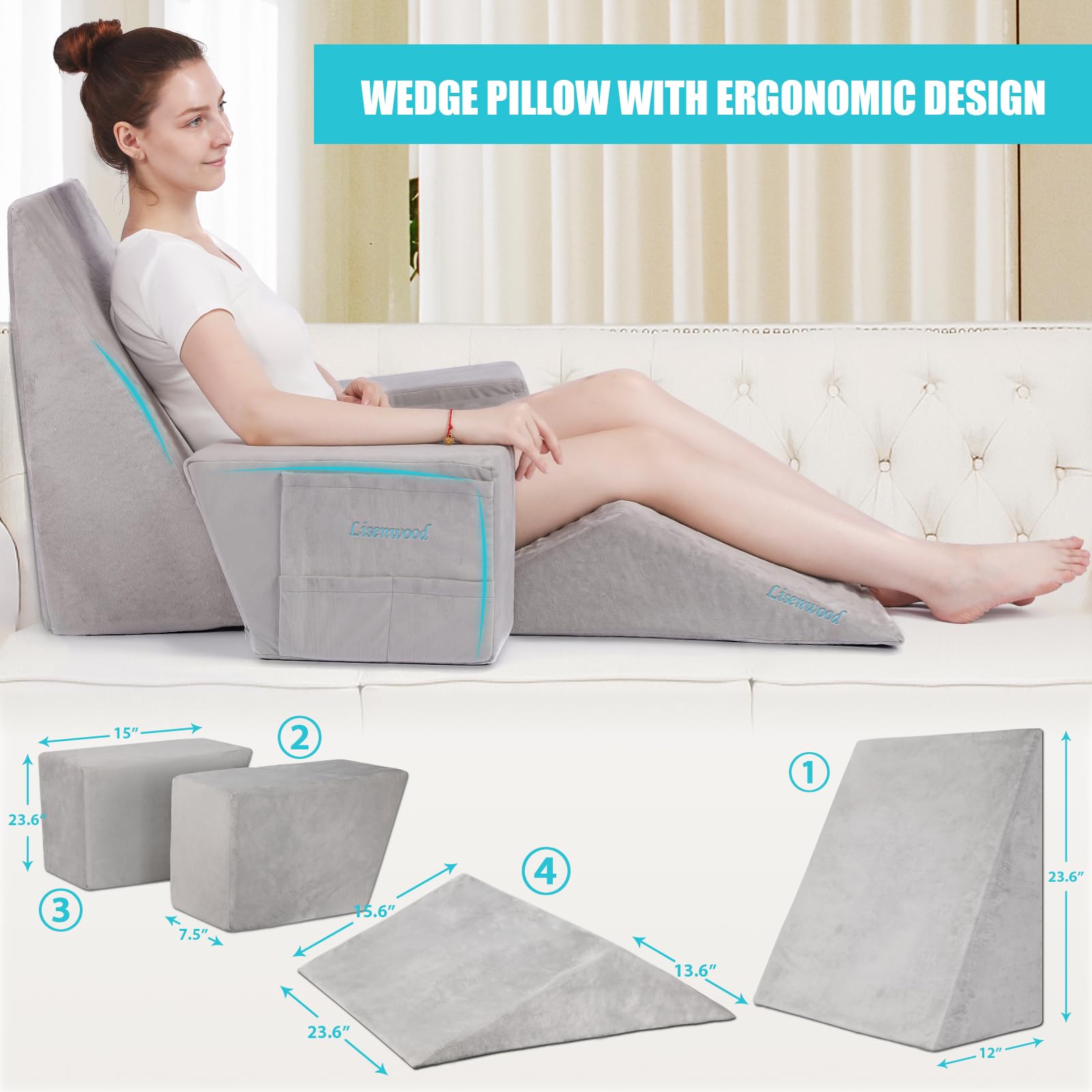 Foam Bed Wedge Pillow Set - Reading Pillow & Back Support Wedge Pillow for Sleeping - 4 Separated Sit Up Pillows for Bed - Angled Bed Pillow, Triangle Pillow for Back and Legs Support Gray