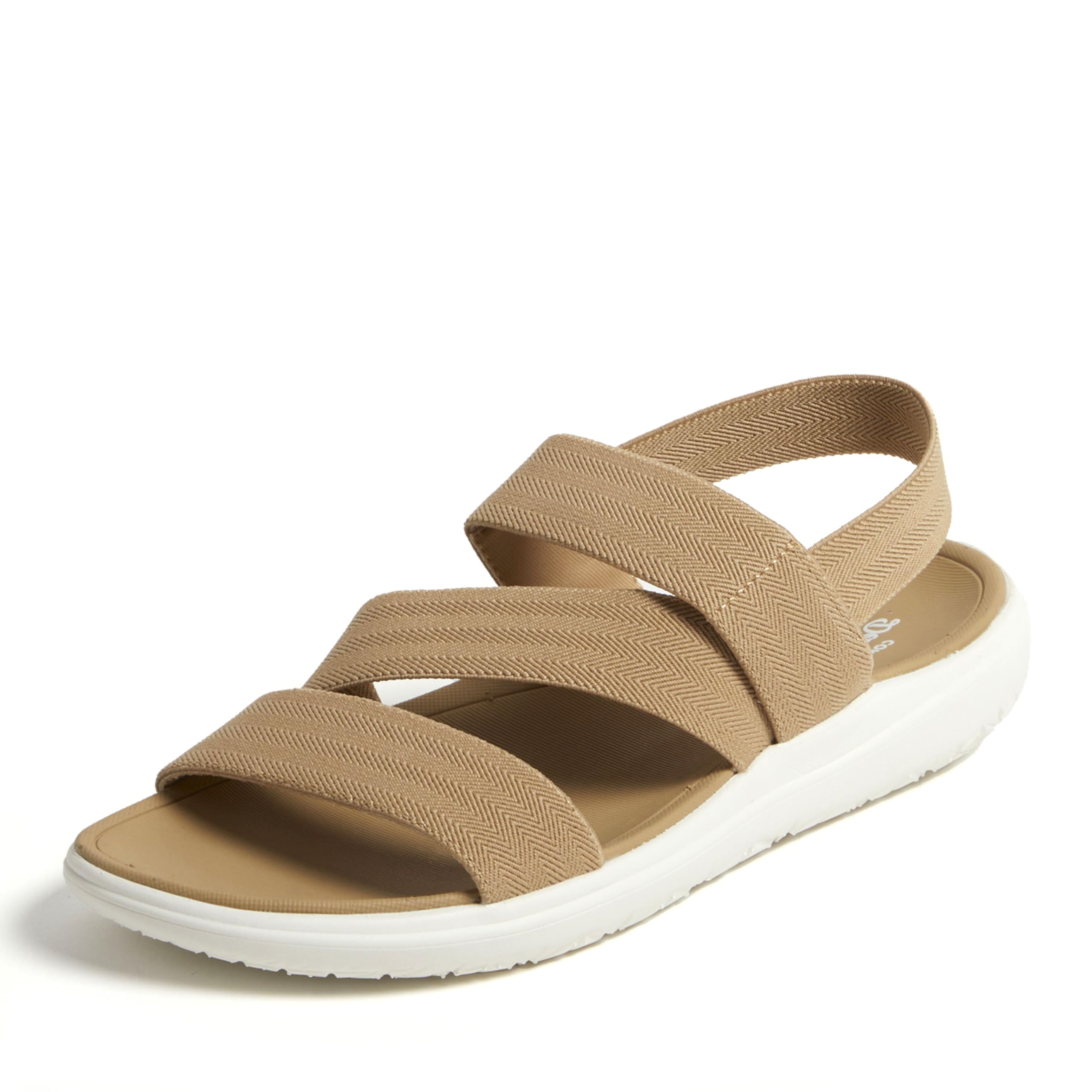 Dearfoams Emilia Women’s Slip On Comfortable Cushioned Gore Lightweight Sandal Flat, Khaki, 10