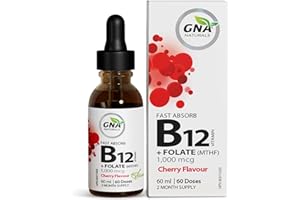 GNA Naturals Vitamin B12 Sublingual Liquid Drops – Methylcobalamin 1000 mcg + Folate – High Potency Methyl B12 Complex – Vega
