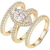 MDFUN Three in One Round/Oval/Eye/Teardrop Halo Wedding Bands Set Engagement Rings 18K Yellow Gold Plated Cubic Zirconia Promise Eternity Band for Women Size 5-10
