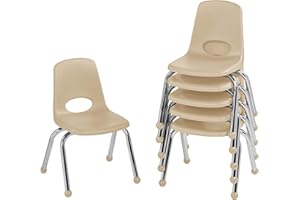 Factory Direct Partners 10359-SD 12" School Stack Chair, Stacking Student Seat with Chromed Steel Legs and Ball Glides for in-Home Learning or Classroom - Sand (6-Pack)