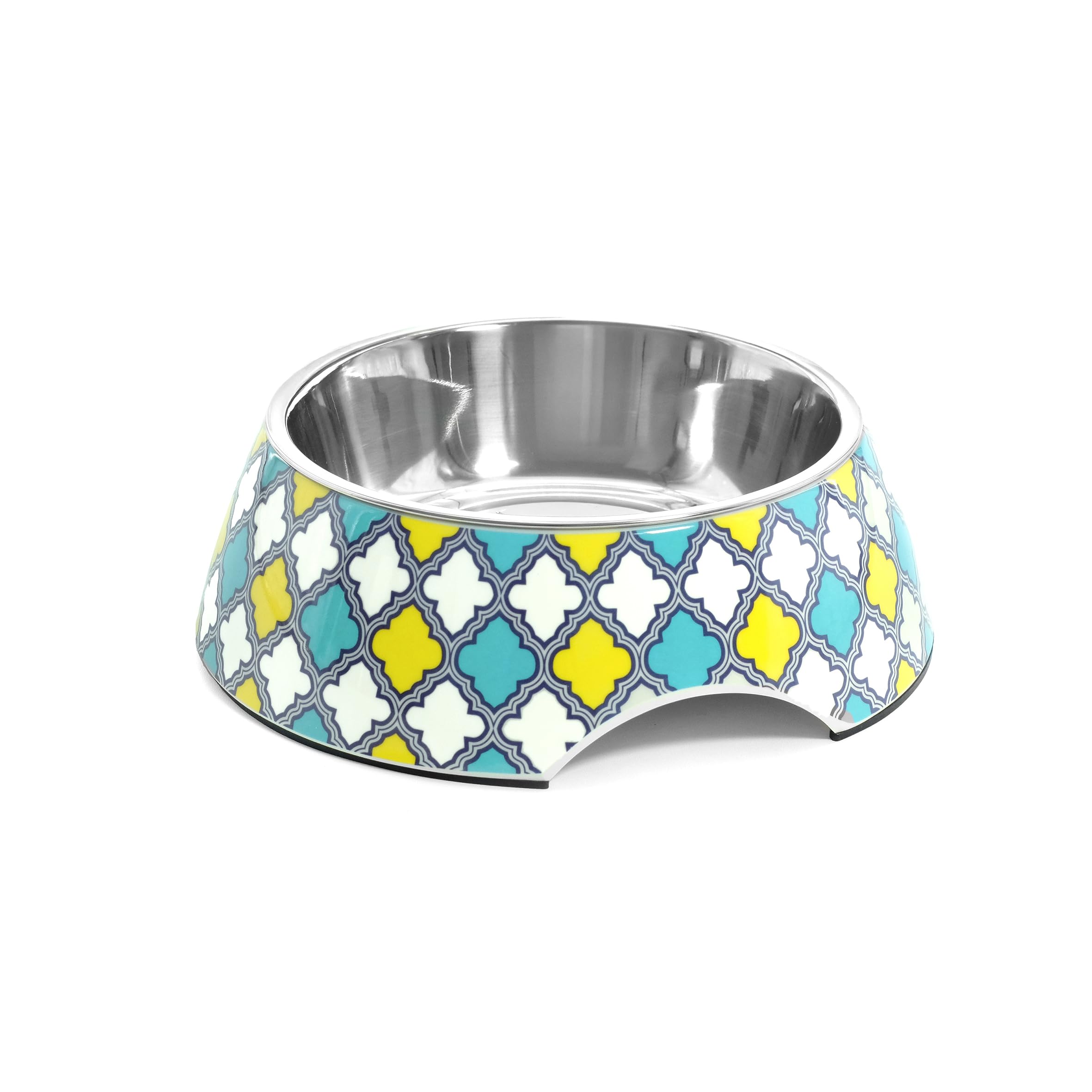 Record Majolica Dog Bowl – Stainless Steel and Melamine – Equipped with Non-Slip Rubber Pads – Dimensions: Diameter 17.5 cm – Capacity 350 ml – Geometric Rhomboidal Pattern Multicoloured
