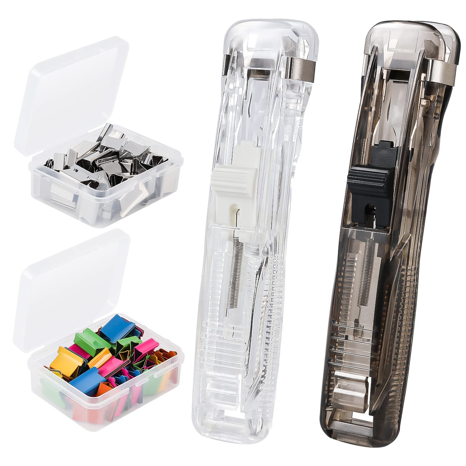 KINBOM 2Pcs Clam Clip Dispensers, Portable Recyclable Handheld Paper Clam Clip Dispenser with 100Pcs Paper Clam Clip Refills for Fixing Loose Leaf Paper Bookbinding Documents Reports Assignments