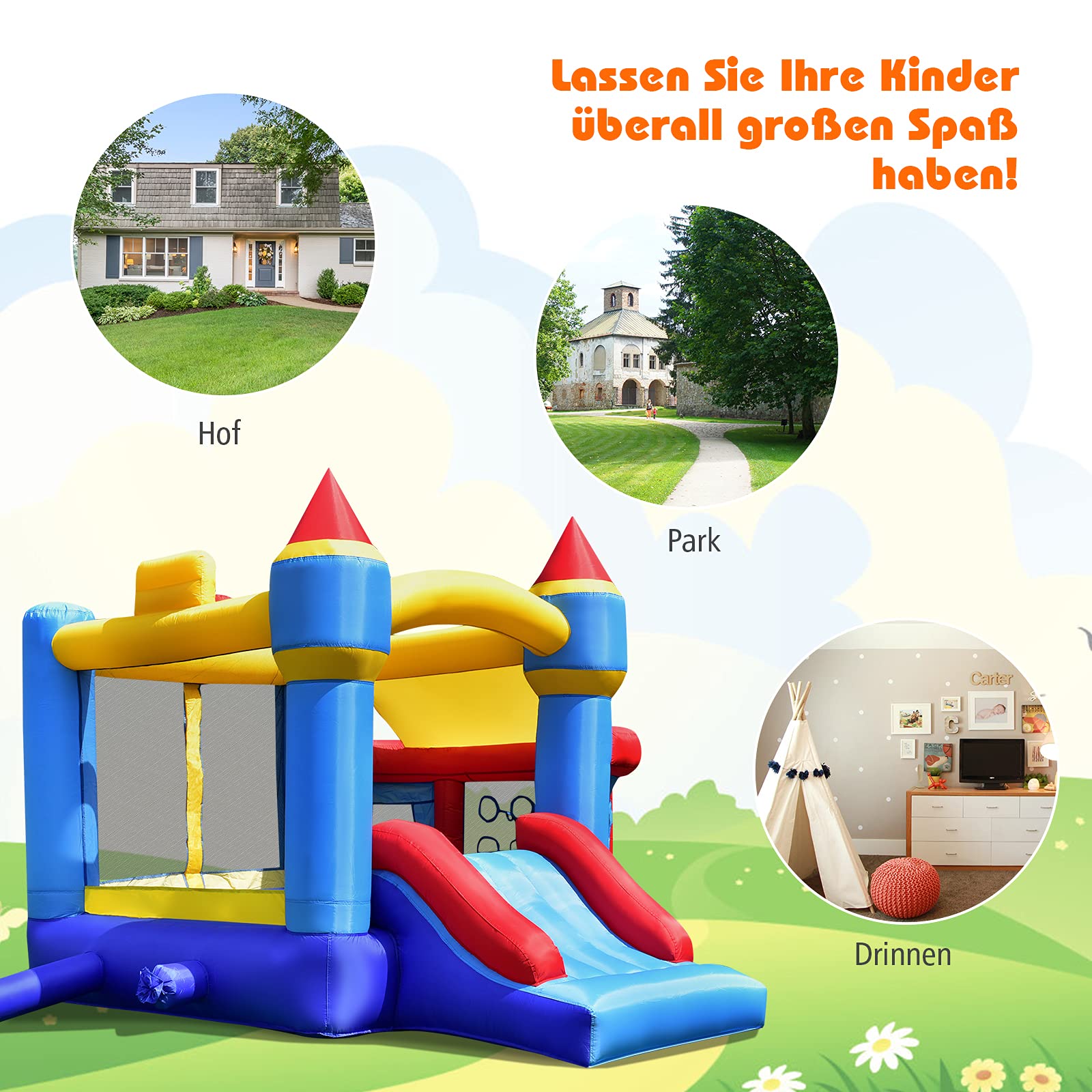 COSTWAY Kinder aufblasbare Hüpfburg, Hüpfburg mit Rutsche, Ballgrube, Reparaturflicken, Aufbewahrungstasche, Kinder-Hüpfburg für Hinterhof, Indoor & Outdoor-Einsatz 270x240x196cm 8