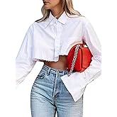Wcuvbv Women Cropped Button Down Shirt Asymmetric Hem Long Sleeve Collared Blouse Top