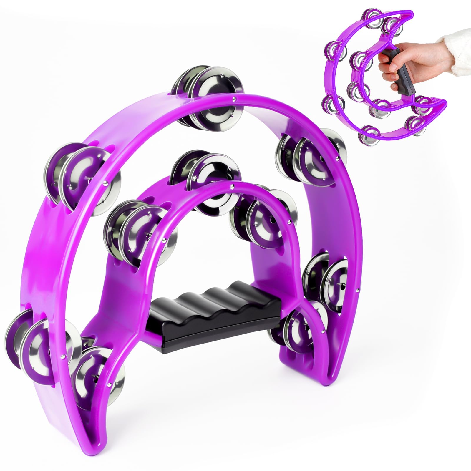 Photo 1 of Tambourine Double Row Metal Jingles Half Moon Musical Instruments Tamborines Musical Instrument for Adult Hand Held Percussion for Party, Church (Purple)