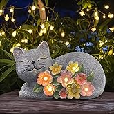 LEAESMHR Solar Cat Outdoor Statue, Resin Solar Cat Lights with Flower for Outside, Garden Cats Figurine for Lawn Porch Yard Art - Birthday Gifts for Mom Grandma Women